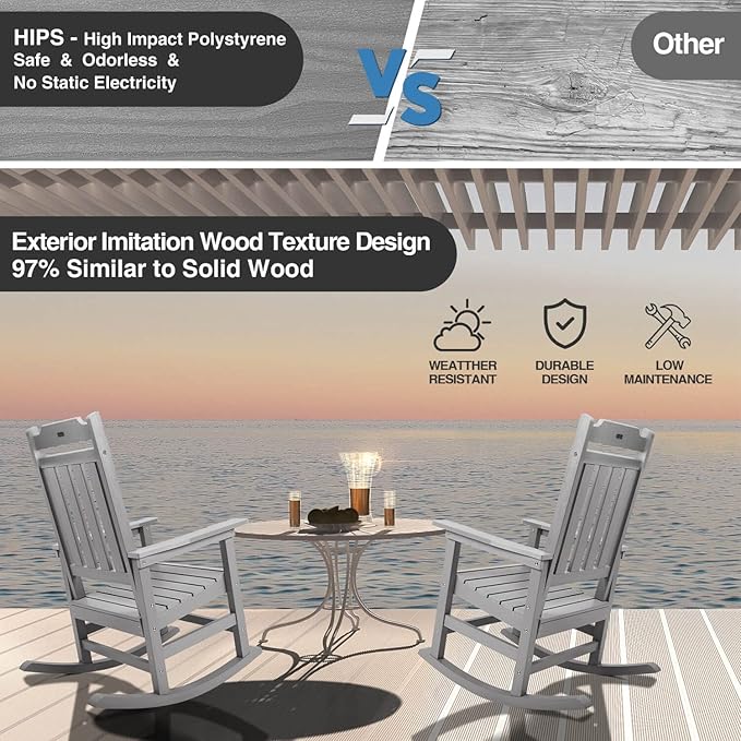 Rocking Chairs Set of 4, All Weather Resistant Poly Lumber Outdoor Porch Rocker, Rocking Chairs for Outdoor, Indoor, Patio, Deck, Garden, Backyard, Load Bearing 380 lbs - Grey
