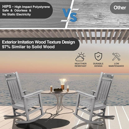 Rocking Chairs Set of 2, All Weather Resistant Poly Lumber Outdoor Porch Rocker, Rocking Chairs for Outdoor, Indoor, Patio, Deck, Garden, Backyard, Load Bearing 380 lbs - Grey