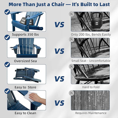 Domi Folding Adirondack Chairs Set of 8, HDPE All-Weather Outdoor Chairs with Cup Holder, Wooden Textured Fire Pit Chairs for Backyard, Patio, Poolside & Deck, Navy Blue