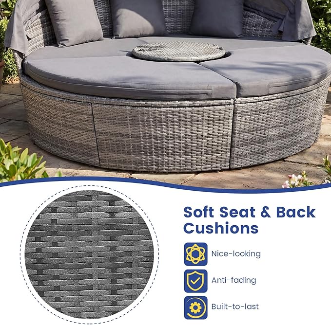 HAPPYGRILL Rattan Daybed with Canopy, Outdoor Wicker Round Daybed Patio Seating with Cushions & Adjustable Side Table - Photo 6