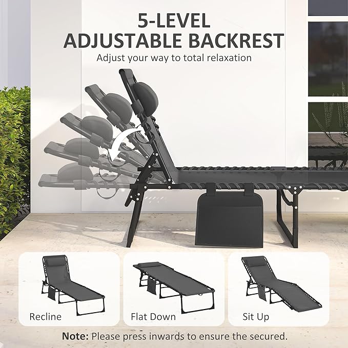 Outsunny Folding Chaise Lounge Chair, Patio Sun Tanning Chair, Outdoor Chaise Lounger with 5-Position Reclining Back, Breathable Mesh Seat for Beach, Poolside, Yard, Black