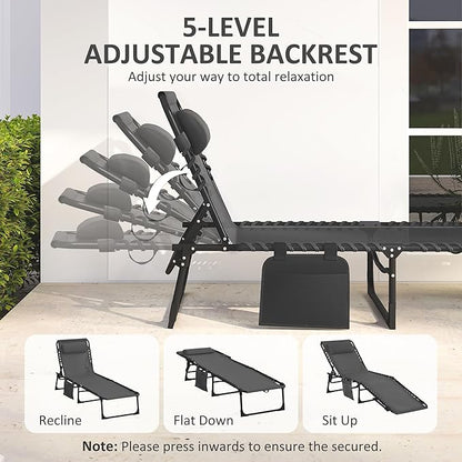 Outsunny Folding Chaise Lounge Chair, Patio Sun Tanning Chair, Outdoor Chaise Lounger with 5-Position Reclining Back, Breathable Mesh Seat for Beach, Poolside, Yard, Black