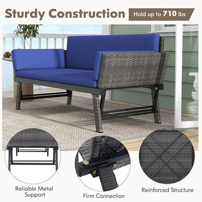 Tangkula Outdoor Convertible Sofa Daybed with Adjustable Armrests, PE Rattan Patio Couch Furniture with Thick Cushions, for Porch, Balcony, Backyard, Poolside (Navy)