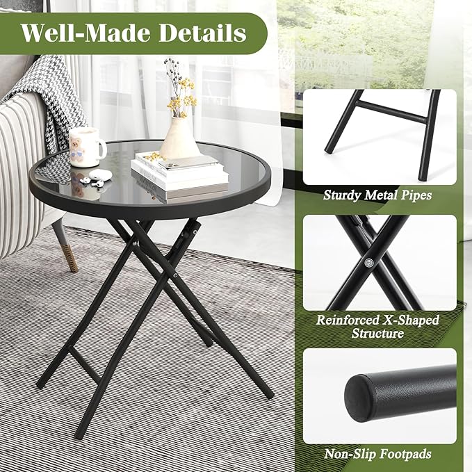 Giantex Folding Outdoor Side Table with Tempered Glass Tabletop & Metal Frame, Portable 18” Round End Table for Patio - Photo 7
