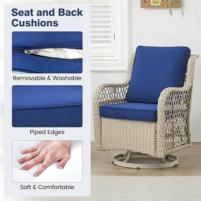 GAOMON 3 Piece Outdoor Patio Set, Wicker Rocking Bistro Set with 2 Swivel Chairs & Tempered Glass Top Table - Photo 6