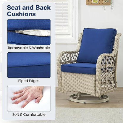 GAOMON 3 Piece Outdoor Patio Set, Wicker Rocking Bistro Set with 2 Swivel Chairs & Tempered Glass Top Table, Rattan Outdoor Furniture with Cushions for Patio Porch Backyard,Beige Rattan/Navy Cushion
