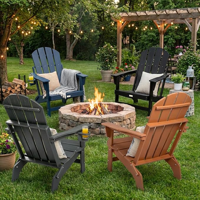 Folding Adirondack Chair, All Weather Stable Gun-Leg Design Fire Pit Chairs with Cupholder for Outside