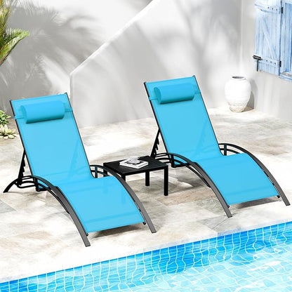 AthLike 3 pcs Poolchairs Patio Chaise Lounge Set with Headrest, 5-Level Adjustable Sunbathing Tanning Poolside Recliner Chairs with Side Table for Outdoor Beach (Blue)