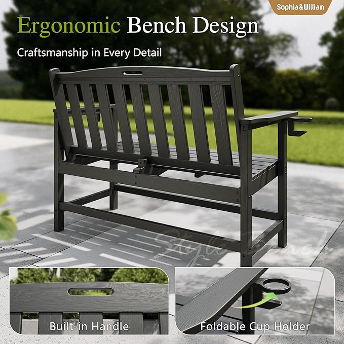 Sophia & William HDPE Outdoor Bench Weatherproof, 2-Person Garden Bench with Cup Holders, 700 lbs Capacity, Patio Benches for Porch, Garden, Backyard and Park, Black
