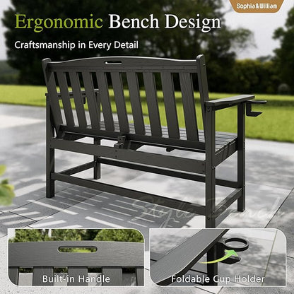 Sophia & William HDPE Outdoor Bench Weatherproof, 2-Person Garden Bench with Cup Holders, 700 lbs Capacity, Patio Benches for Porch, Garden, Backyard and Park, Black