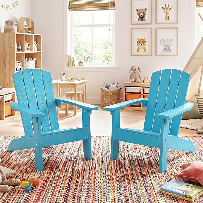 KOTEK Kids Adirondack Chair Set of 2, Plastic Toddler Lawn Chair with Ergonomic Seat, Wood-Grain Texture, Easy to Assemble, All-Weather Outdoor Kids Chairs for Patio, Garden, Backyard (Turquoise)