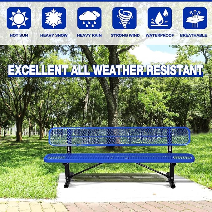 Ceridwen Outdoor Benches Heavy Duty Steel Frame Park Bench with Backrest Bench,Park Bench Steel Mesh Outdoor Bench for Garden,Weatherproof Outdoor Bench for Garden (Blue, 8FT)