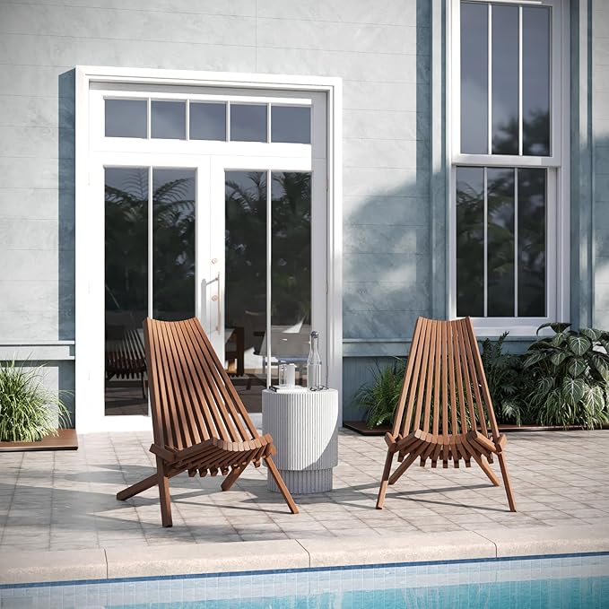 EMMA + OLIVER Durham Folding Chair for Indoor/Outdoor Use, Weather-Resistant Acacia Wood Construction, Low Profile Lounge Chair, Perfect for Sunroom/Patio, Brown