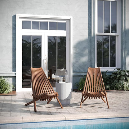 EMMA + OLIVER Durham Folding Chair for Indoor/Outdoor Use, Weather-Resistant Acacia Wood Construction, Low Profile Lounge Chair, Perfect for Sunroom/Patio, Brown