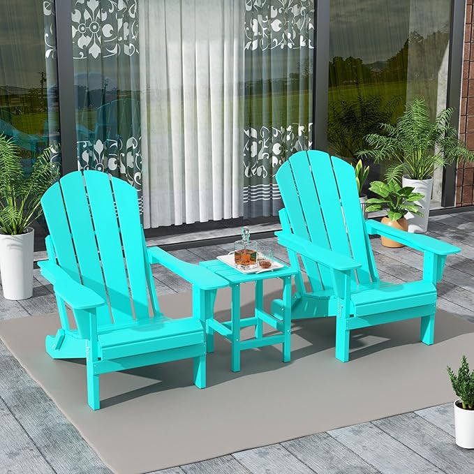 WestinTrends Malibu 3-Pieces Adirondack Chairs Set with Side Table, All Weather Outdoor Seating Plastic Patio Lawn Chair Folding for Outside Porch Deck Backyard, Turquoise