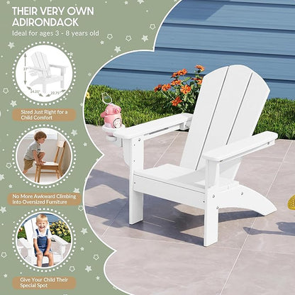 WestinTrends Malibu 3-Piece Kids HDPE Adirondack Chairs Set with Square Side Table and Cup Holders, White