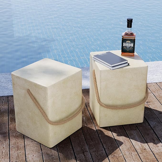 SUNBURY Outdoor Side Table, Concrete Side Table for Patio,18" H Small End Table w Hemp Rope, Indoor & Patio Accent Table Coffee Table Warm Gray, Stone Side Table Garden Plant Stands