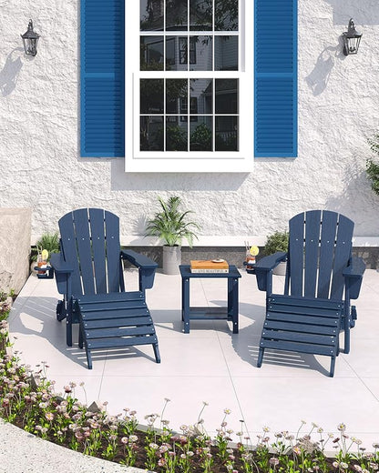 Garvee Folding Adirondack Chair with Ottoman, HDPE Outdoor Patio Chair with Cup Holder, All Weather Resistent Wooden Textured for patios, Decks, Gardens, fire Pit, Navy Blue