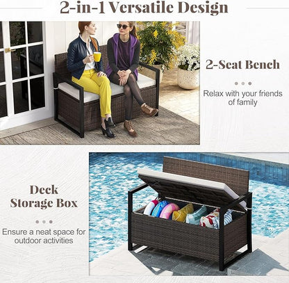Tangkula 40 Gallon Outdoor Bench with Storage, Patio Wicker Storage Bench with Cushion, Cover, Metal Frame, Deck Box Seat for Backyard, Poolside, Balcony, Garden
