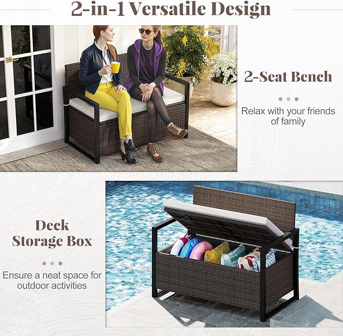 RELAX4LIFE Wicker Outdoor Bench with Storage - Rattan Deck Box w/Protective Liner for Pillows, Pool Supplies - Photo 4