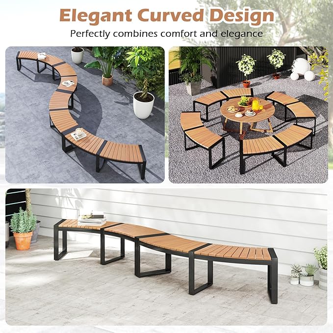 Tangkula Patio Curved Bench, Acacia Wood Fire Pit Bench w/Slatted Seat & Metal Legs, Outdoor Backless 2-Person Seating for Yard, Garden, Porch, 800 LBS Max Load, Oil Painted