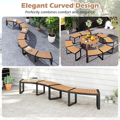Tangkula Patio Curved Bench Set of 4, Acacia Wood Fire Pit Bench w/Slatted Seat & Metal Legs, Outdoor Backless 2-Person Seating for Yard, Garden, Porch, 800 LBS Max Load, Oil Painted