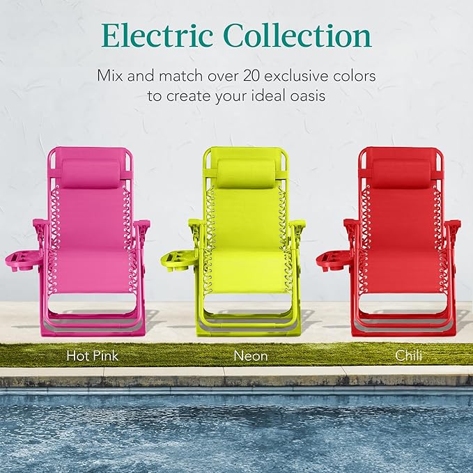 Best Choice Products Adjustable Zero Gravity Chair, Monochromatic Color Folding Patio Recliner w/Side Tray, Headrest - Neon