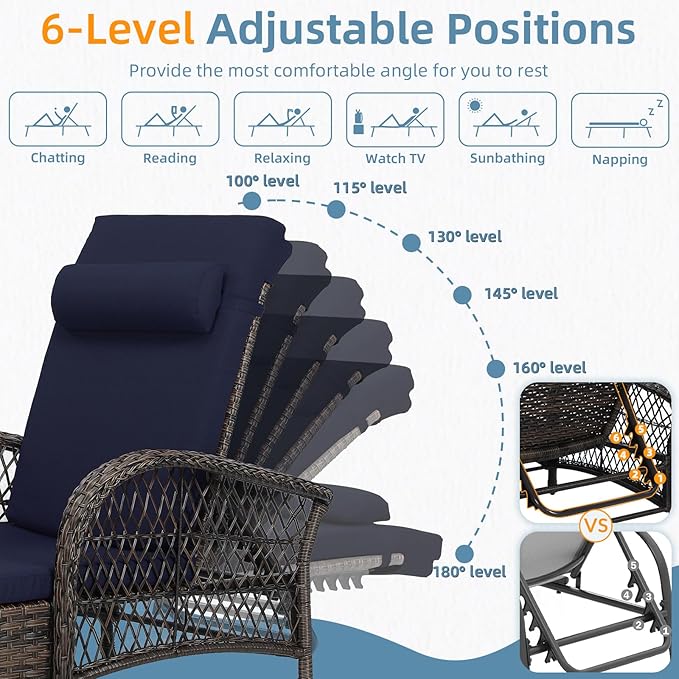 Outdoor Chaise Lounge Chair, PE Wicker Long Recliner Patio Lounge Chair with Cushion - Photo 8