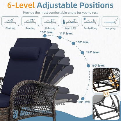 Outdoor Chaise Lounge Chair, PE Wicker Long Recliner Patio Lounge Chair with Cushion, 6-Position Patio Reclining Sun Lounger with Adjustable Backrest for Poolside, Armrest & Pillow, Navy Blue