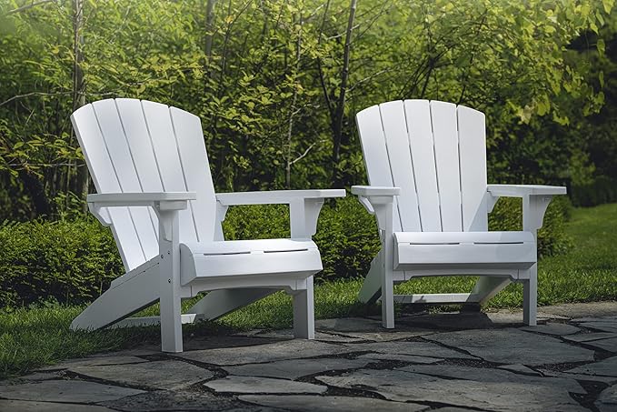 Keter Alpine Adirondack 2 Pack Resin Outdoor Furniture Patio Chairs with Cup Holder-Perfect for Beach, Pool, and Fire Pit Seating, White