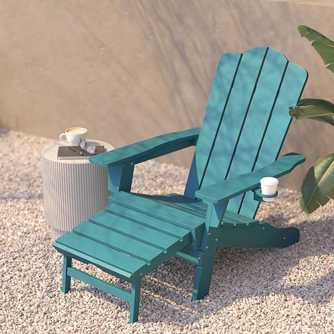 Flash Furniture Newport Poly Resin Adirondack Chair with Cup Holder and Pull Out Ottoman, All-Weather Poly Resin Indoor/Outdoor Lounge Chair, Blue