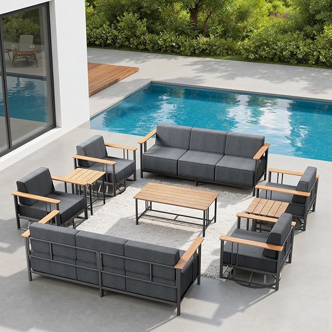 Patio Furniture Set of 3,with 6-inch Thick Cushion Outdoor Furniture Set, Swivel Rocking Chairs Set,Wood Grain armrests,trapezoidal backrest,Indoor/Outdoor Balcony Seating Dark Gray | Gray