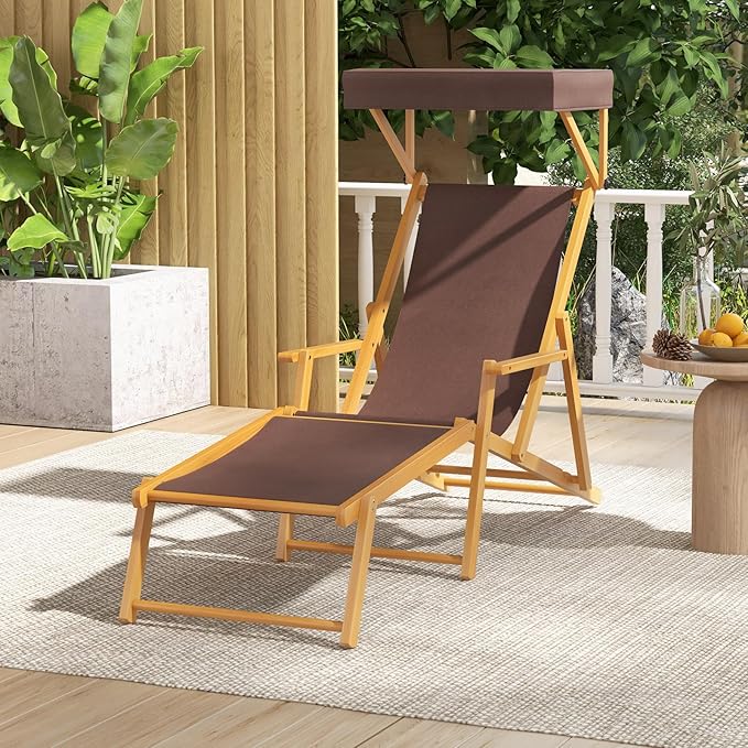Giantex Lounge Chair Outdoor, Foldable Beach Chaise Lounge with Adjustable Canopy, Replacement Fabric, Wood Frame, Reclining Backrest & Footrest, Camping Chair for Patio, Poolside, Beach (1, Brown)