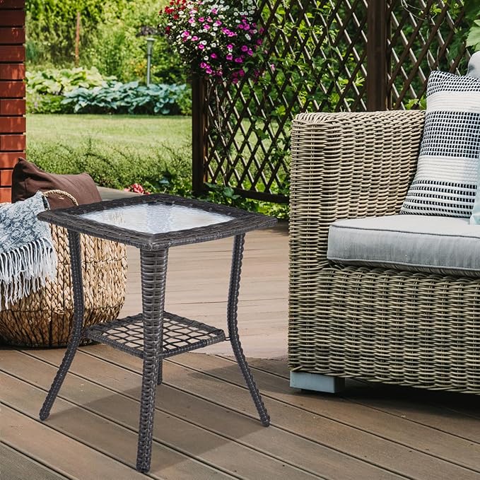 Henf Wicker Rattan Side Table Outdoor Square End Table Coffee Table with Glass Top, Patio Wicker Garden Side Table Small End Table with Storage for Patio Courtyard Balcony