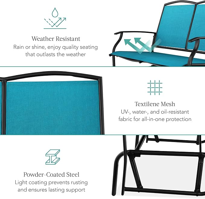 Best Choice Products 2-Person Outdoor Patio Swing Glider Steel Bench Loveseat Rocker for Deck, Porch w/Textilene Fabric - Photo 5