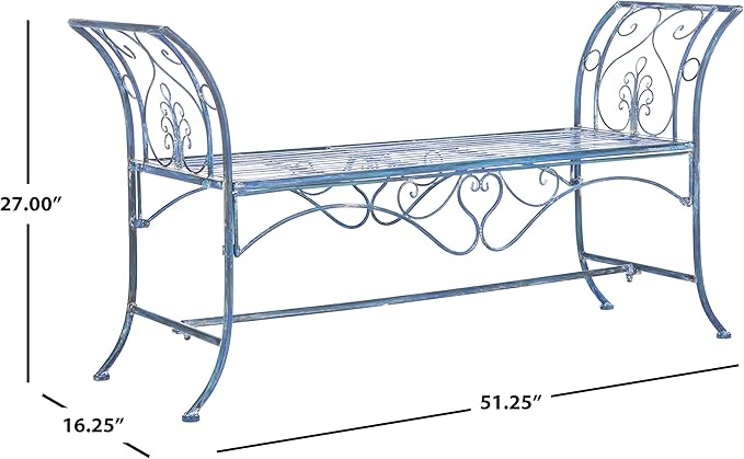 Safavieh PAT5016C Outdoor Collection Adina Antique Blue Wrought Iron 51-inch Garden Bench