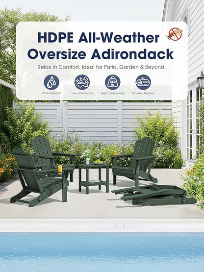 KINGYES Adjustable Folding Adirondack Chair Set of 4, 3-Position Reclining Adirondack Chairs with Cup Holder, HDPE All-Weather Oversized Adirondack for Outdoor, Patio, Backyard Deck, Fire Pit, Green