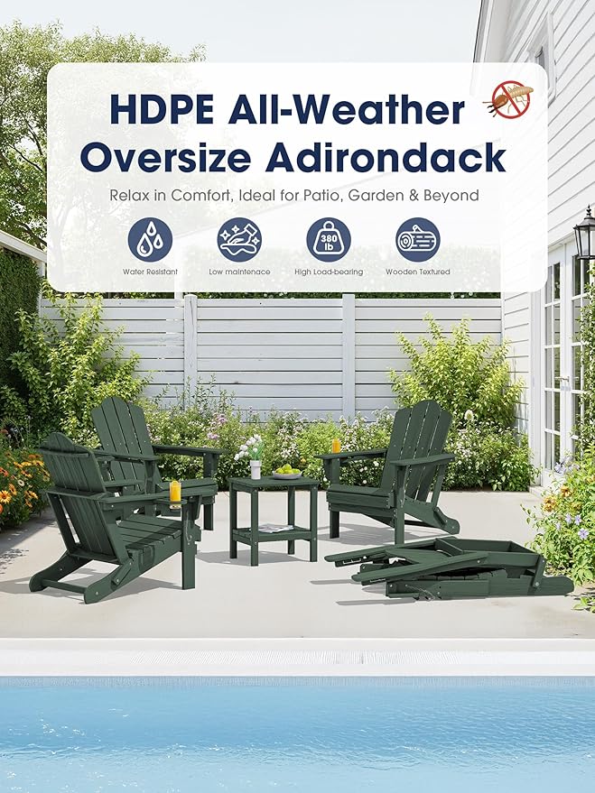 KINGYES Adjustable Folding Adirondack Chair Set of 2, 3-Position Reclining Adirondack Chairs with Cup Holder, HDPE All-Weather Oversized Adirondack for Outdoor, Patio, Backyard Deck, Fire Pit, Green