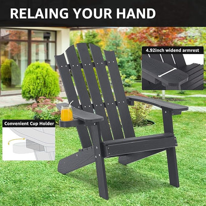 Melucivi Adirondack Chair Weather Resistant with Cup Holder, Fire Pit Chair Patio Outdoor Garden Resin Adirondack Chair for Adult, Black with Wood Grain