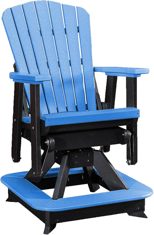 DutchCrafters Slat Fan Back Poly Balcony Adirondack Swivel Glider with Footrest Outdoor Patio Chair (Black & Blue)