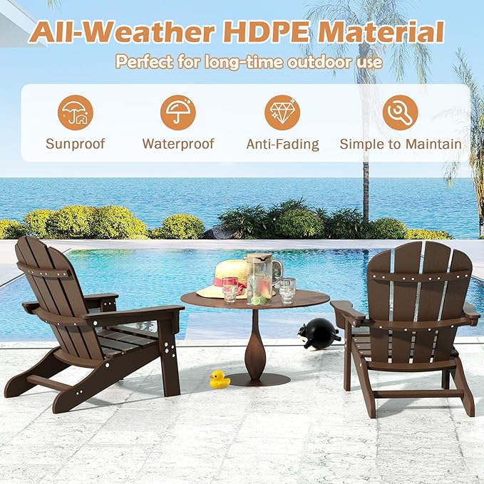 Costzon Adirondack Chair Set of 2, All-Weather HDPE Patio Chair with Armrests, Fire Pit Chair for Ages 3-8, Outdoor Patio Lounge Chair for Garden, Lawn, Backyard (Brown)