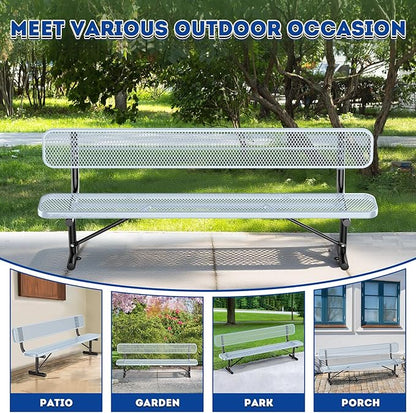 Heavy-Duty Park Bench for Outside - Black Coated Outdoor Furniture Steel Bench, Commercial-Grade Outdoor Benches Weatherproof for Park, Patio, Porch (Portable with Back, 4/6/8 Ft) (Grey, 8FT)