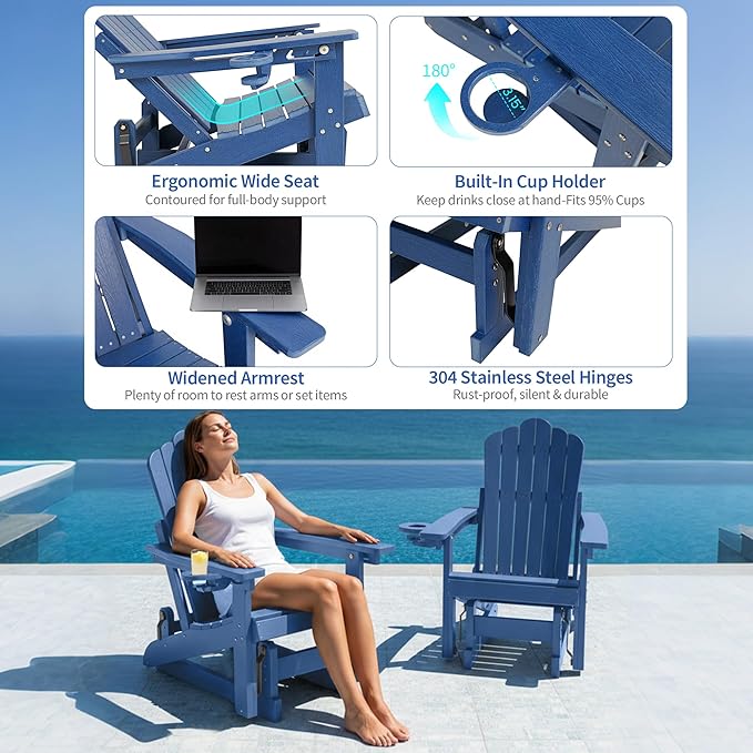 HDPE Outdoor Glider Chair,3-Position Adjustable Backrest Patio Glider, All-Weather Glider Rocker Chair with Cup Holders,Porch Glider for Outside,Deck,Fire Pit, Poolside,400LBS Capacity (Blue)