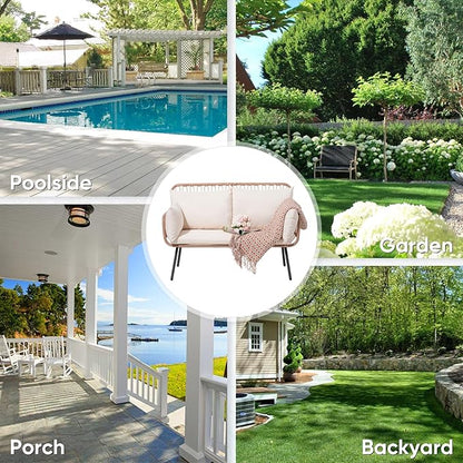 Verano Garden Patio Loveseat, Outdoor Balcony Furniture, Wicker Patio Set with Cushions & Pillows, Patio Furniture Couch for Porch, Backyard, Deck, Poolside (Cream White)
