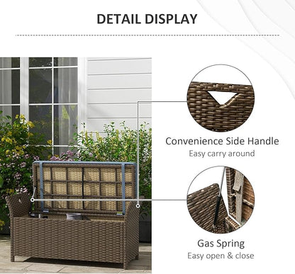 Outsunny 29 Gallon Patio Wicker Storage Bench, Outdoor PE Rattan Patio Furniture, 2-in-1 Large Capacity Rectangle Garden Storage Box with Handles and Cushion, Dark Blue