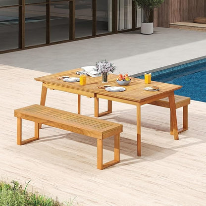 HAPPYGRILL Outdoor Acacia Wood Bench for 3-Person Patio Backless Farmhouse Bench with Slatted Seat, 800 LBS Heavy Duty Dining Bench for Entryway Porch Dining Room (2)