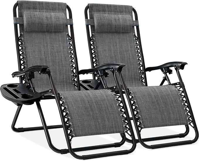 Best Choice Products Set of 2 Adjustable Steel Mesh Zero Gravity Lounge Chair Recliners w/Pillows and Cup Holder Trays - Photo 1
