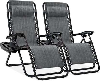 Best Choice Products Set of 2 Adjustable Steel Mesh Zero Gravity Lounge Chair Recliners w/Pillows and Cup Holder Trays - Gray