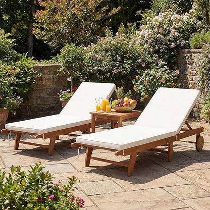 Tangkula Folding Lounge Chairs Outdoor Set of 2, Patio Eucalyptus Wood Chaise Lounge with 5-Level Adjustable Backrest & Cushions, Portable Beach Pool Sunbathing Recliner with Wheels for Outside