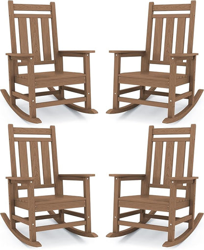 KINGYES Oversized Outdoor Rocking Chair Set of 4, All-Weather Patio Rocking Chairs for Porch, HDPE Outdoor Patio Rockers with High Back & Wide Seat for Garden, Lawn, Brown